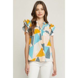 Entro Geometric Ruffle Sleeve Top, Jade